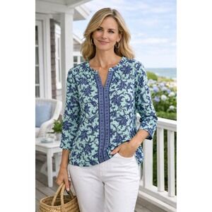 J Jill Petite Blue Aqua Floral Scroll Boho 3/4 Sleeve Soft Stretch Top PM